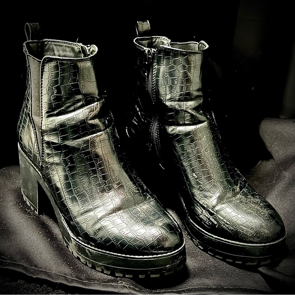 Public Desire Black Faux Croc Heeled Boots